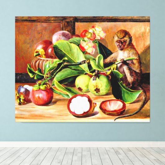 Bloemen en vruchten van Mangosteen; Singapore aap Canvas Afdruk (Insitu (Houten vloer))