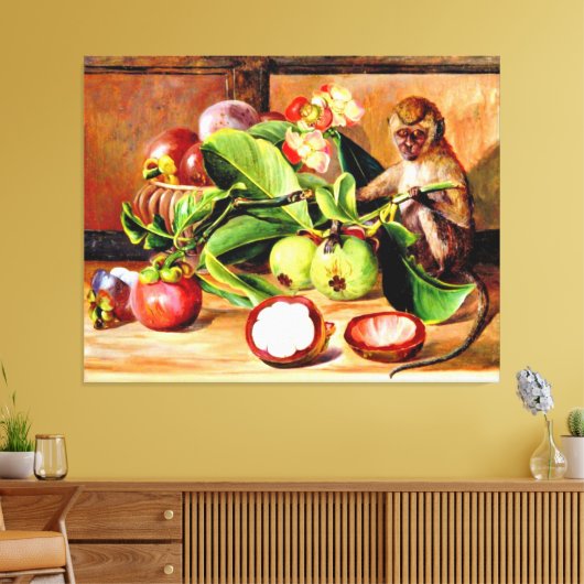 Bloemen en vruchten van Mangosteen; Singapore aap Canvas Afdruk (Insitu (Woonkamer))