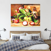 Bloemen en vruchten van Mangosteen; Singapore aap Canvas Afdruk (Insitu (Slaapkamer))