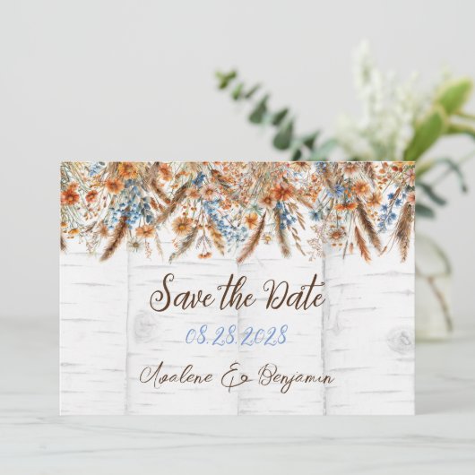 Bloemen en witte berkenboom Bewaar de datumkaarten Kaart (Staand voorkant)