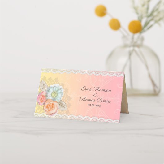 Bloemen en witte kant plaatskaartje (Achterkant)