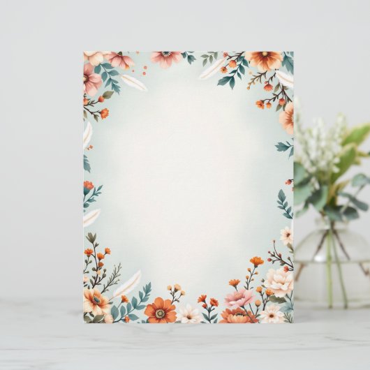 Bloemen en witte veren briefhoofd (Staand voorkant)