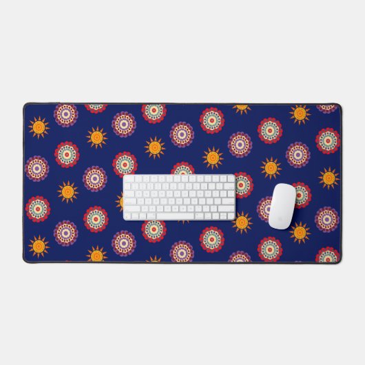 Bloemen en zonnepatroon met donkerblauwe achtergro bureaumat (Keyboard & Muis)
