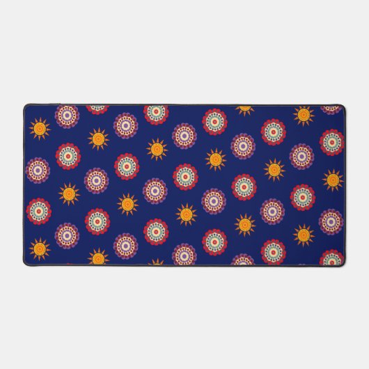 Bloemen en zonnepatroon met donkerblauwe achtergro bureaumat (Voorkant)
