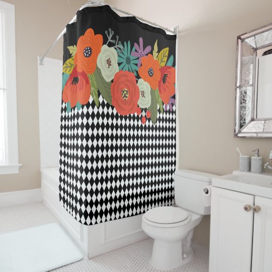 Bloemen en zwart-witte tegels Shower Curtain Douchegordijn (In situ)