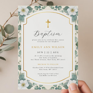 Bloemen Eucalyptus Goud Kruis doop uitnodiging
