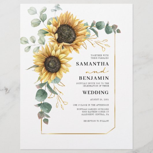 Bloemen Eucalyptus Zonnebloem bruiloft uitnodiging (Voorkant)