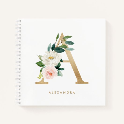Bloemen Faux Gold Folie Letter A Monogram Notitieboek (Voorkant)