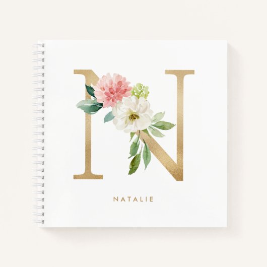  Bloemen Faux Gold Folie Letter N Monogram Notitieboek (Voorkant)