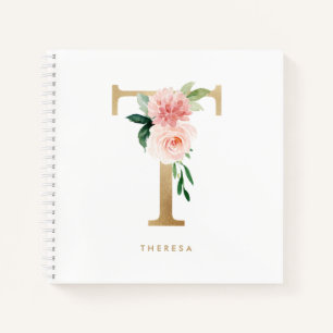 Bloemen Faux Gold Folie Letter T Monogram Notitieboek
