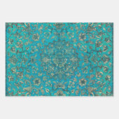 Bloemen Faux Goud & Blauw Blauwgroen Ornament Inpakpapier Vel (Voorkant 2)