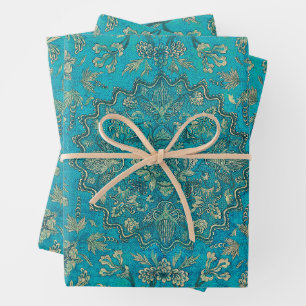 Bloemen Faux Goud & Blauw Blauwgroen Ornament Inpakpapier Vel