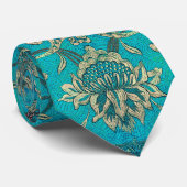  Bloemen Faux Goud & Blauw Blauwgroen Ornament Stropdas (Opgerold)