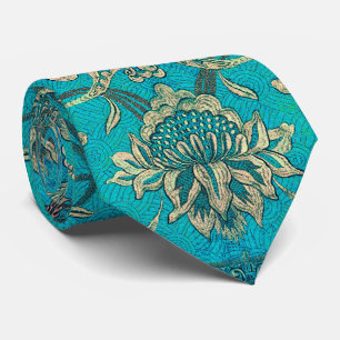 Bloemen Faux Goud & Blauw Blauwgroen Ornament Stropdas