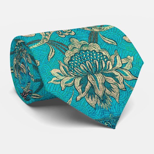 Bloemen Faux Goud & Blauw Blauwgroen Ornament Stropdas (Opgerold)