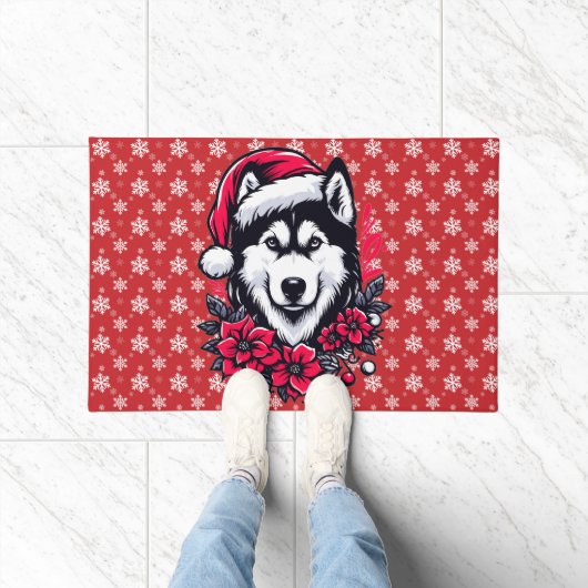 Bloemen Feestelijke Husky Hond met Santa Hat Xmas  Deurmat (Binnen)