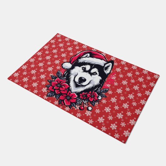 Bloemen Feestelijke Husky Hond met Santa Hat Xmas  Deurmat (Schuin)