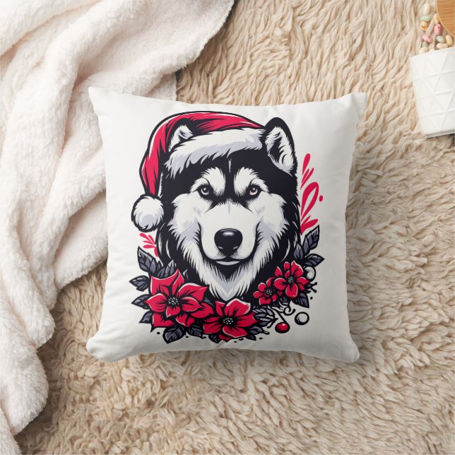 Bloemen Feestelijke Husky Hond met Santa Hat Xmas  Kussen (Deken)