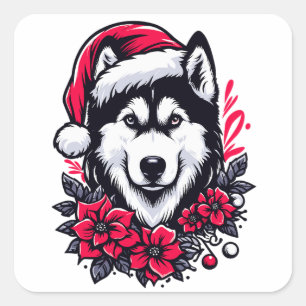 Bloemen Feestelijke Husky Hond met Santa Hat Xmas Vierkante Sticker