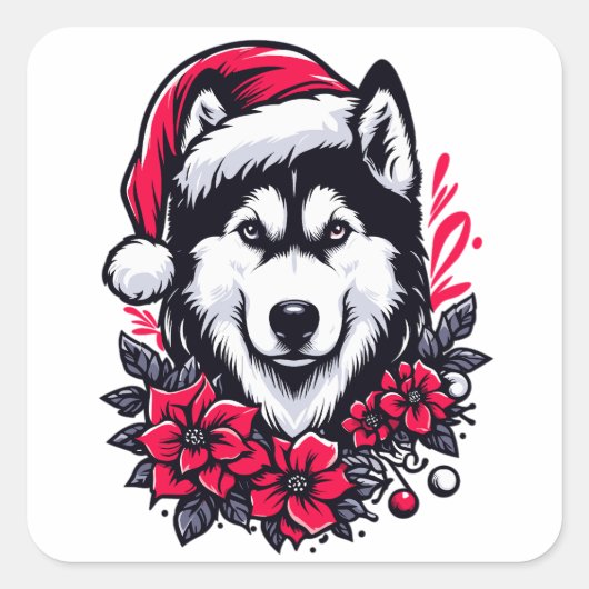 Bloemen Feestelijke Husky Hond met Santa Hat Xmas  Vierkante Sticker (Voorkant)