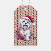 Bloemen Feestelijke Maltese Hond met Santa Hoed Xm Cadeaulabel (Achterkant)