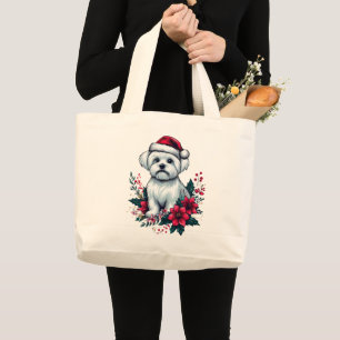 Bloemen Feestelijke Maltese Hond met Santa Hoed Xm Grote Tote Bag