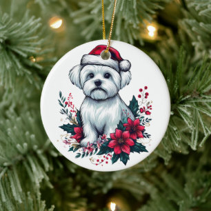 Bloemen Feestelijke Maltese Hond met Santa Hoed Xm Keramisch Ornament