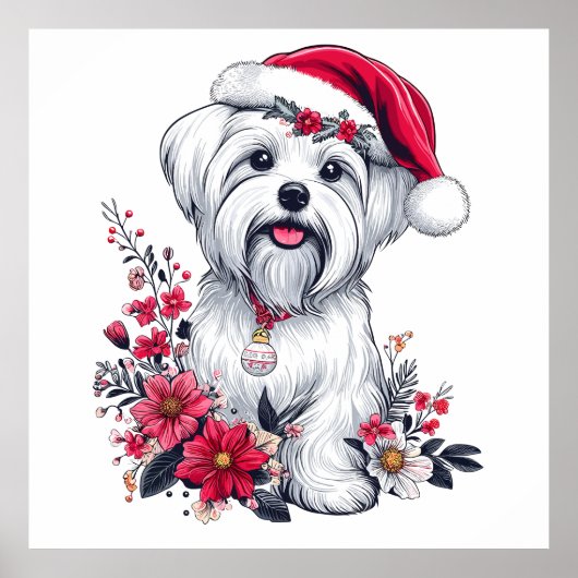 Bloemen Feestelijke Maltese Hond met Santa Hoed Xm Poster (Voorkant)