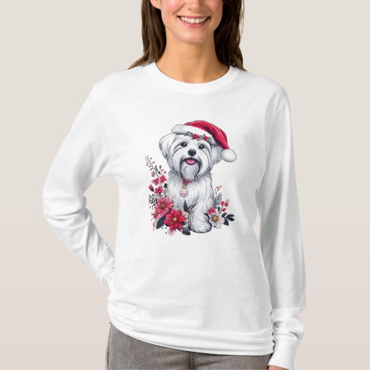 Bloemen Feestelijke Maltese Hond met Santa Hoed Xm T-shirt (Voorkant)