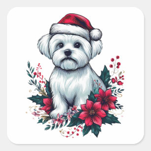 Bloemen Feestelijke Maltese Hond met Santa Hoed Xm Vierkante Sticker