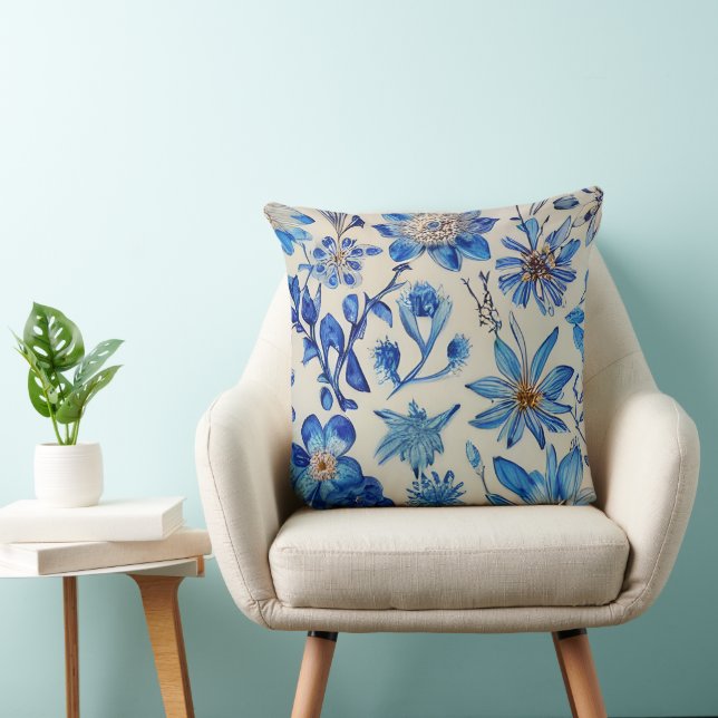 Bloemen florale atmosfeer blauw modern comfortabel kussen (Stoel)