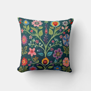 Bloemen Folk Art motief op donkergroene achtergron Kussen