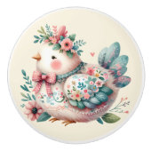 Bloemen Folk Vogel met Pastel Boho Charm Keramische Knop (Voorkant)