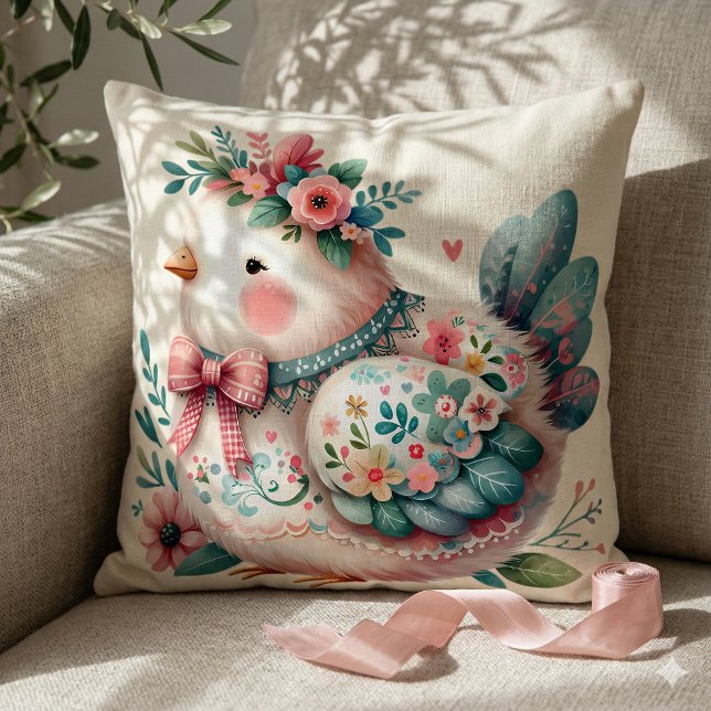 Bloemen Folk Vogel met Pastel Boho Charm Kussen (Floral Folk Bird with Pastel Boho Charm Throw Pillow Mockup A)