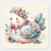 Bloemen Folk Vogel met Pastel Boho Charm Vierkante Sticker (Voorkant)