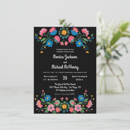 Bloemen Folk Zwart Mexico Cinco de Mayo Huwelijk Kaart (Staand voorkant)