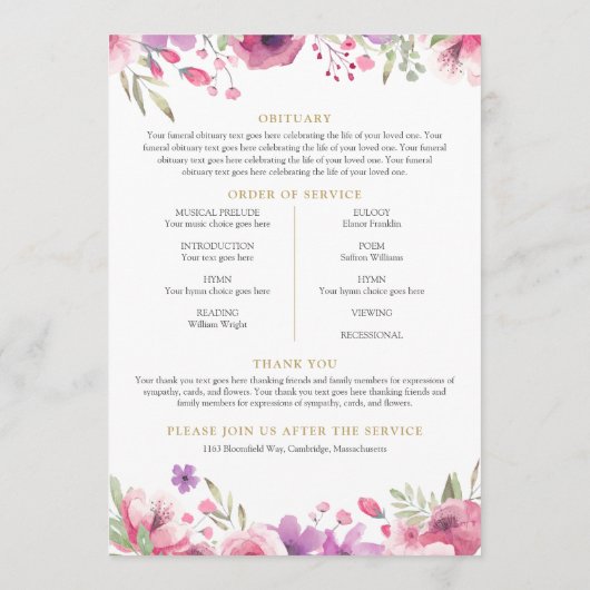 Bloemen Foto Rouwplechtigheid Order Of Service Programmakaart (Achterkant)