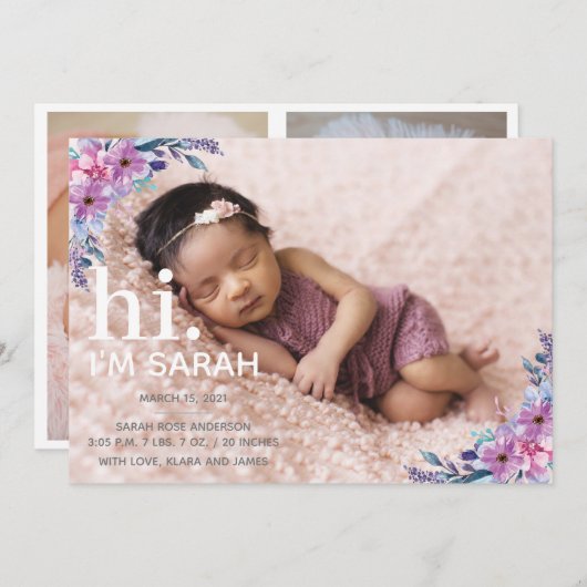 Bloemen Fotocollage Geboorteaankondiging Kaart (Voorkant / Achterkant)