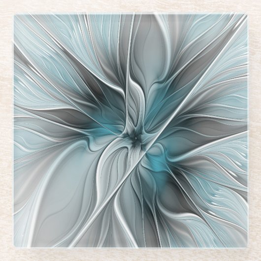 Bloemen Fractal Modern Abstract Bloemblauw Grijs Glazen Onderzetter (Voorkant)