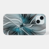 Bloemen Fractal Modern Abstract Bloemblauw Grijs iPhone 15 Case (Achterkant horizontaal)