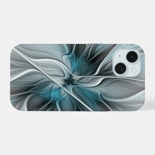 Bloemen Fractal Modern Abstract Bloemblauw Grijs iPhone 15 Case (Achterkant horizontaal)