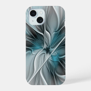 Bloemen Fractal Modern Abstract Bloemblauw Grijs iPhone 15 Case