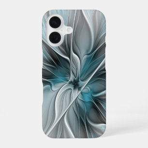 Bloemen Fractal Modern Abstract Bloemblauw Grijs iPhone 16 Hoesje