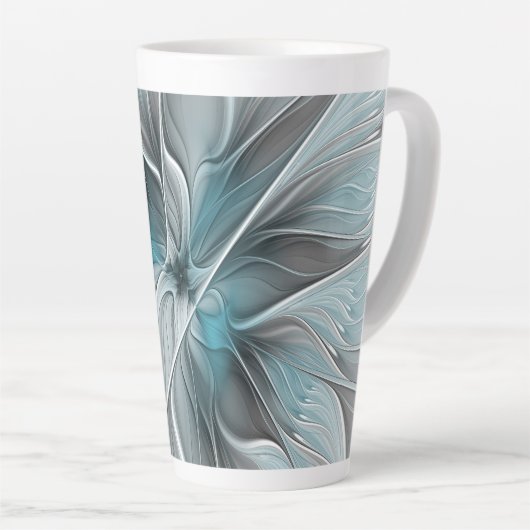 Bloemen Fractal Modern Abstract Bloemblauw Grijs Latte Mok (Rechterhoek)
