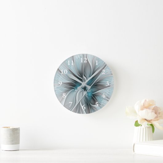 Bloemen Fractal Modern Abstract Bloemblauw Grijs Ronde Klok (Huis)
