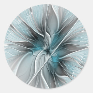 Bloemen Fractal Modern Abstract Bloemblauw Grijs Ronde Sticker