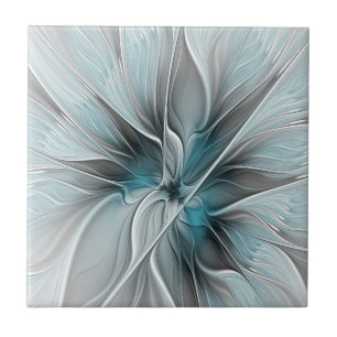 Bloemen Fractal Modern Abstract Bloemblauw Grijs Tegeltje