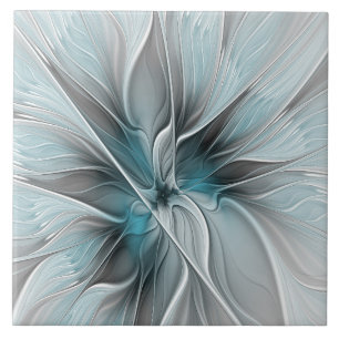 Bloemen Fractal Modern Abstract Bloemblauw Grijs Tegeltje
