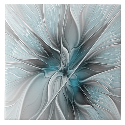 Bloemen Fractal Modern Abstract Bloemblauw Grijs Tegeltje (Voorkant)