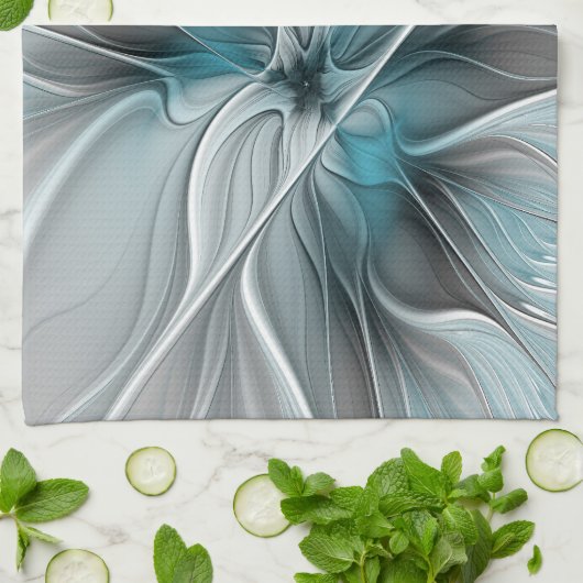 Bloemen Fractal Modern Abstract Bloemblauw Grijs Theedoek (Gevouwen)